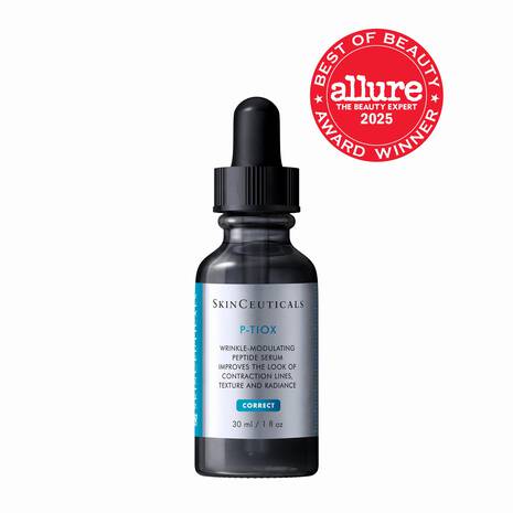 SkinCeuticals P-TOX serum bottle with dropper on a white background, featuring Allure Best of Beauty Award 2025 badge.