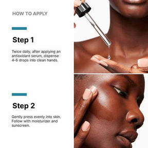 Instructions on how to apply a skincare product with a dropper and a close-up of skin being applied.
